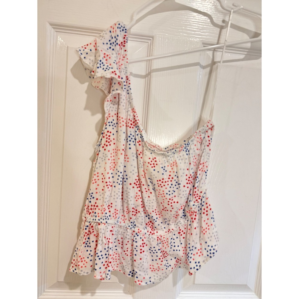 One Shoulder Top Star Print Ruffle Sleeveless White Red Blue Size M